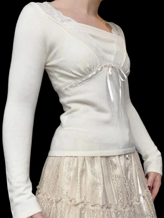 Solid Lace Trim Deep V-Neck Slim Long Sleeve Knit Top knittop-250126