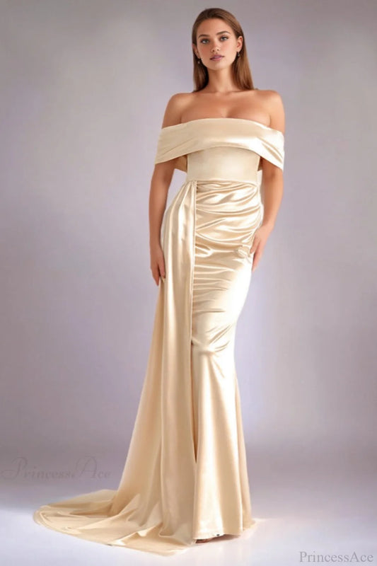 Solid Satin Off-the-Shoulder High Waist Mermaid Wedding Dress Champagne / XS