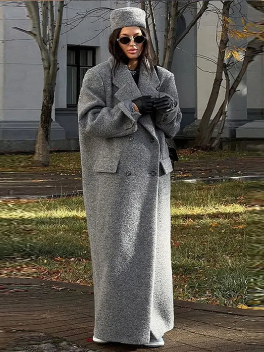 Solid Turn-Down Collar Loose Overcoat GREY / S