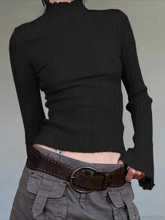 Solid Turtleneck Slim Flare Sleeve Long Sleeve Knit Top Black / S knittop-250126
