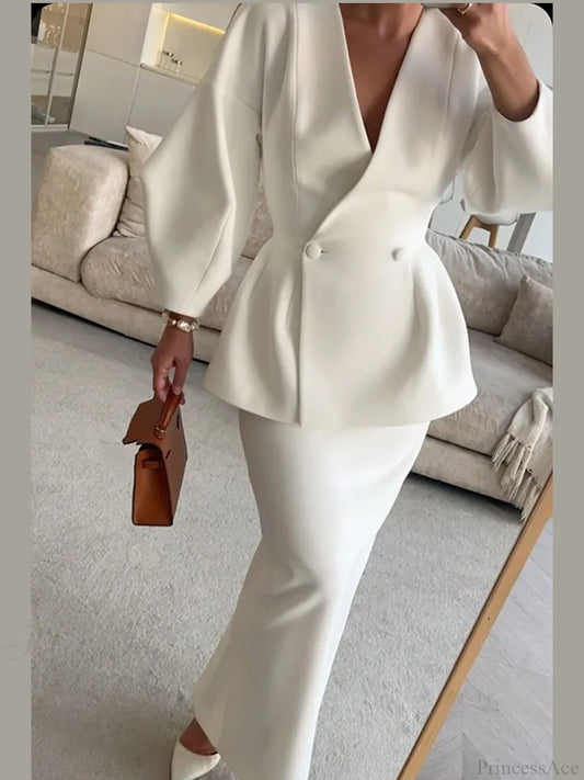 Solid V-neck Wool Blends Coat White / S