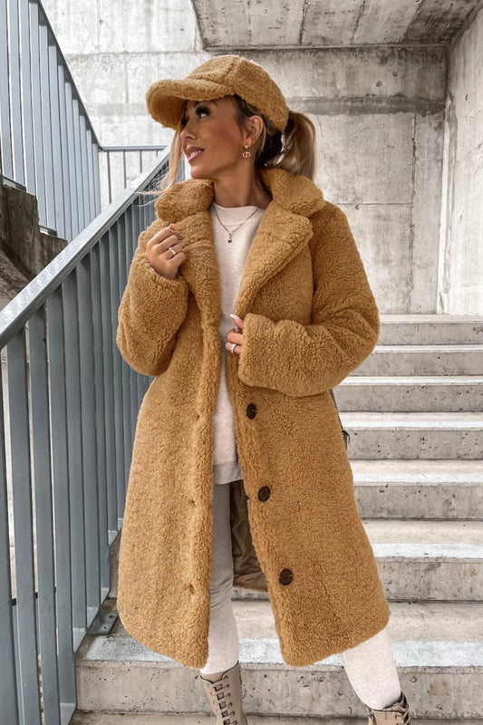 Solid Warm Faux Fur Lapel Overcoat Khaki / S