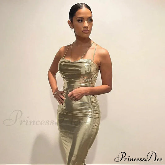 Spaghetti Strap Gold Midi Fashion Wrap Chest Slim Backless 2024 Summer Party Club Bodycon Dress