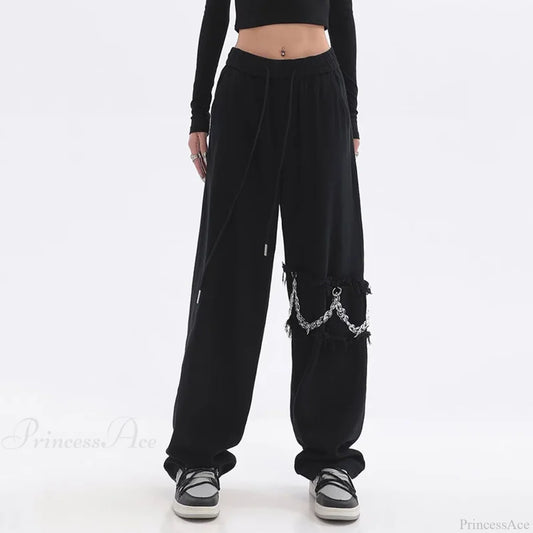 Spliced Chain Elastic Waist Pants Black / M (46-55kg)