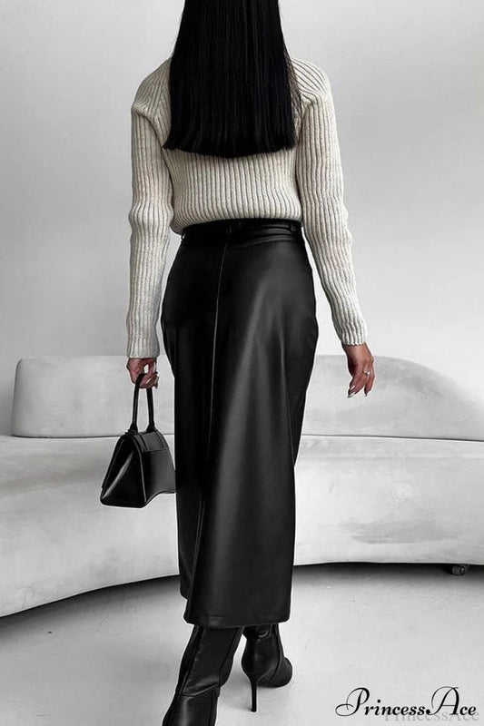 Split Design Fleece Lined Faux Leather Vintage Skirt