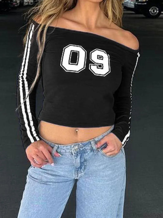 Sporty Chic Number Printed Football Jersey Slim Slash Neck Knit Top Black / S knittop-250126