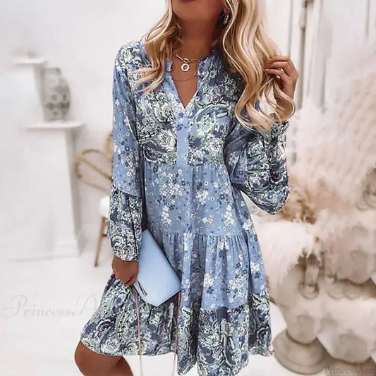 Spring Casual Floral Mid Length Dress Baby blue / S oldfloraldress-250126