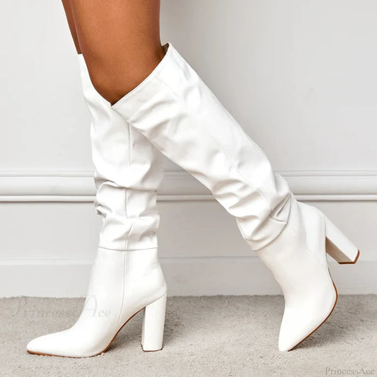Spring Fashion Pleated Chunky High Heel Sexy Slip-on Pointed Toe Knee High Boot White / 35