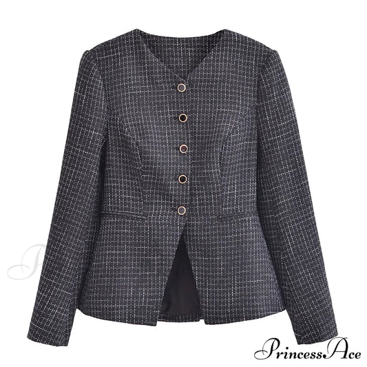Spring V Collar White Plaid Woven Tweed Slim Waist Single-Breasted Button Slit Blazer Black / S