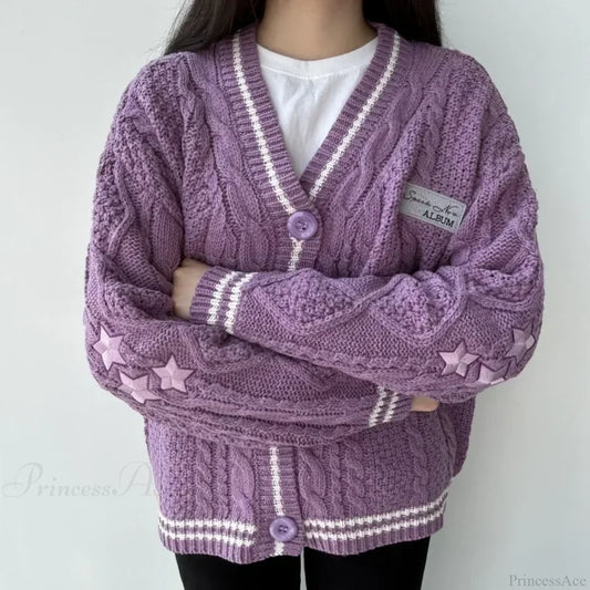 Star Embroidered V-neck Cardigan Purple / S