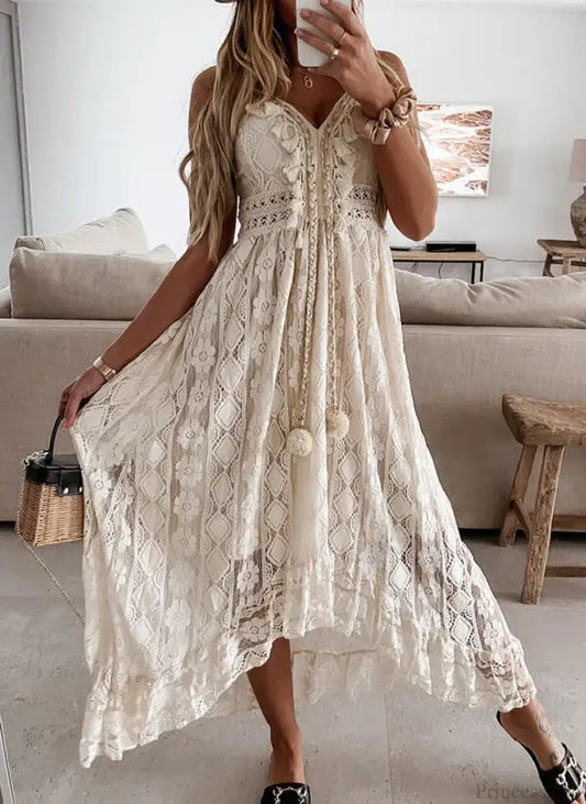 Strap Sleeveless Deep V-neck Tassel Lace Maxi White Boho Dress Beige / S bohodress-250126