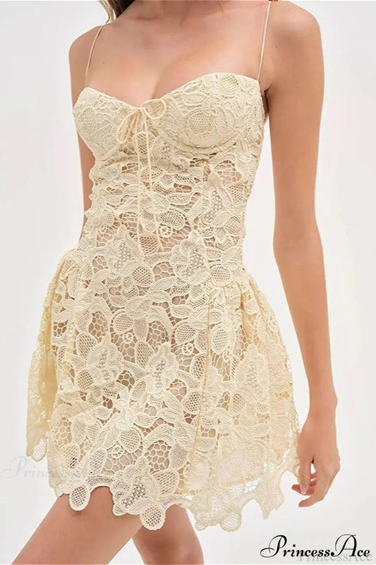 Strapless Lace Embroidery Sexy Party Dress Apricot / S