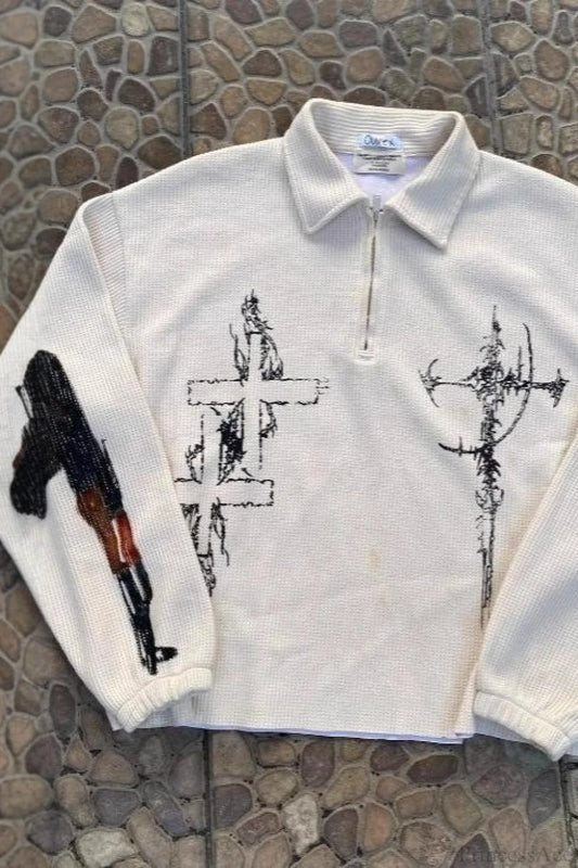 Street-Inspired Oversized Gun Graphic Letter Sweatshirt White / S