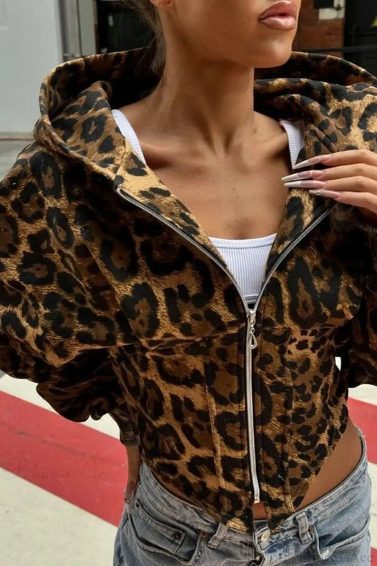 Street Style Leopard Print Hoodie Coat Brown / S