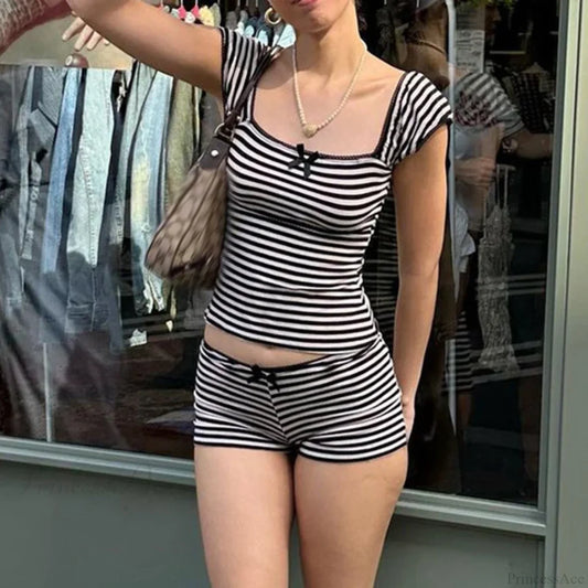 Striped Bow Aesthetic Crop Tank Low Waist Shorts Two Pieces Set twopiecesset-250126