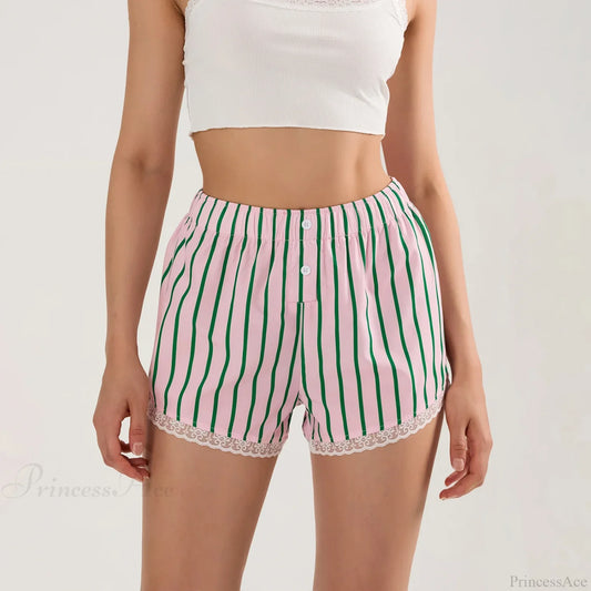 Striped Button Lace Trim Short Pink / S short-250223