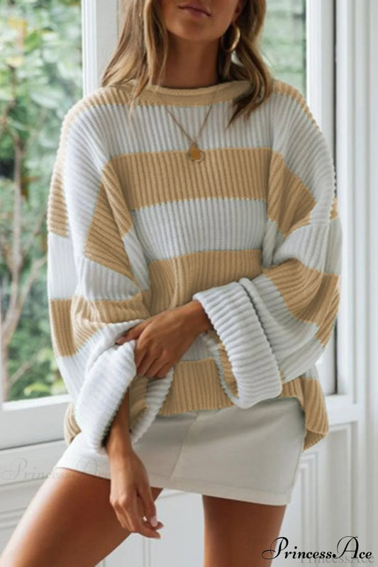 Striped Color-Block Rolled-Neck Sweater Khaki / S