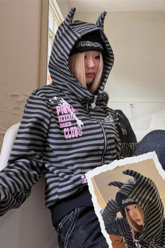 Striped Devil Horn Print Vintage Zip Hoodie