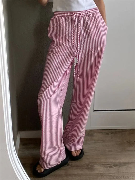 Striped Drawstring Loose Straight Summer Pant PINK / S pant-250223