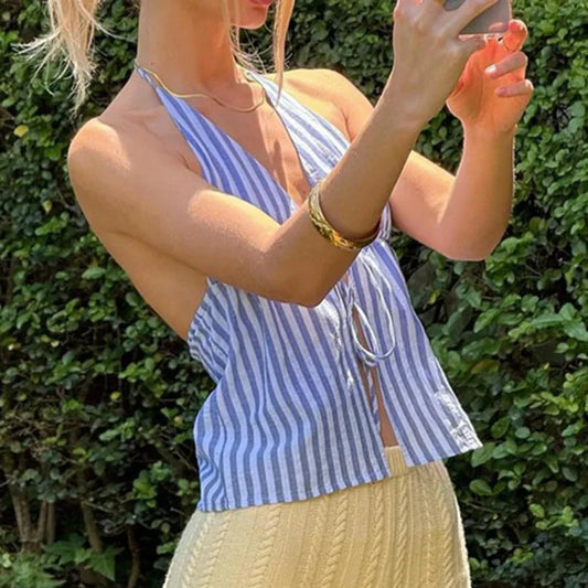 Striped Front Tie Halter Low Cut Crop Top croptop-250126