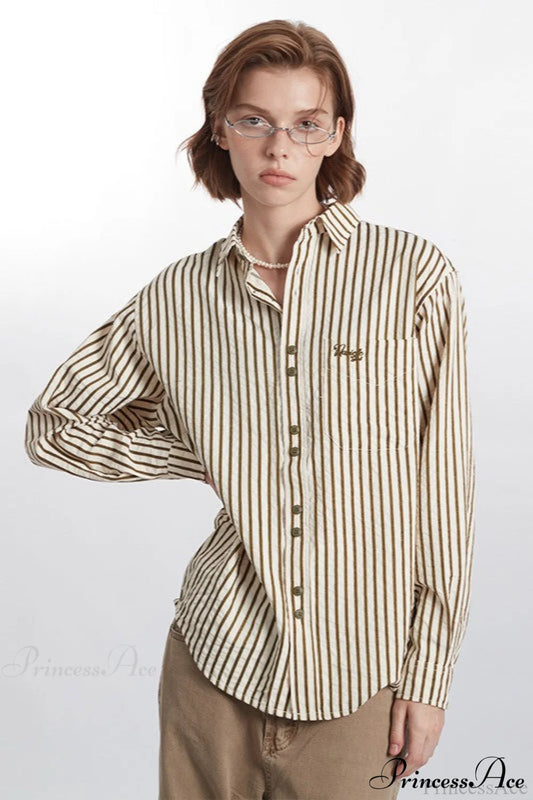 Striped Long-Sleeve Retro Fashion Blouse Brown / S