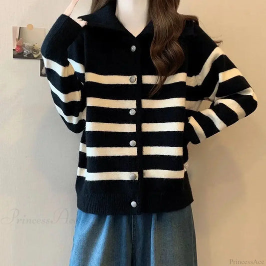 Striped Polo Collar Slimming Cardigan Black / S