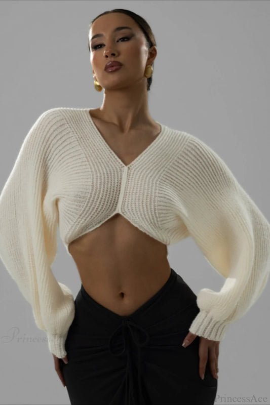 Stylish Sexy V-neck Cropped Sweater Off-white / XS