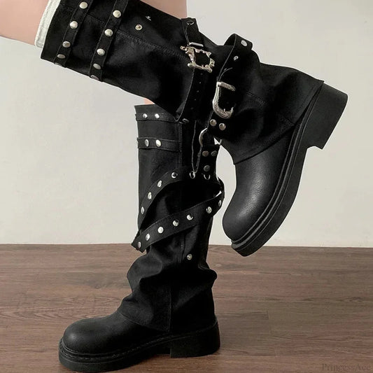 Stylist Rivet Rebel Gothic Tall Heel Platform Boot Black / 35