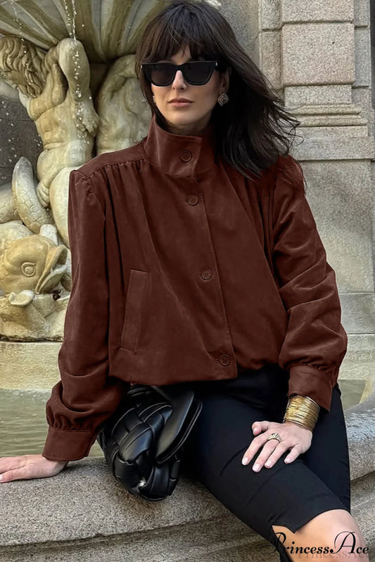 Suede Cardigan Long Sleeve Coat Brown / S