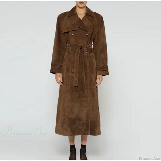 Suede Leather Chocolate Belted Overcoat Brown / S