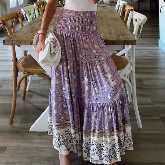 Summer New Women’s Printing Skirt Elastic High Waist Pleated Boho skirt-250126