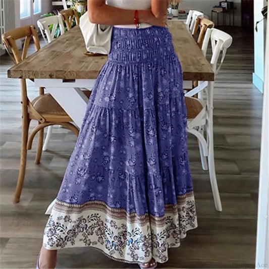 Summer New Women’s Printing Skirt Elastic High Waist Pleated Boho Blue / S skirt-250126