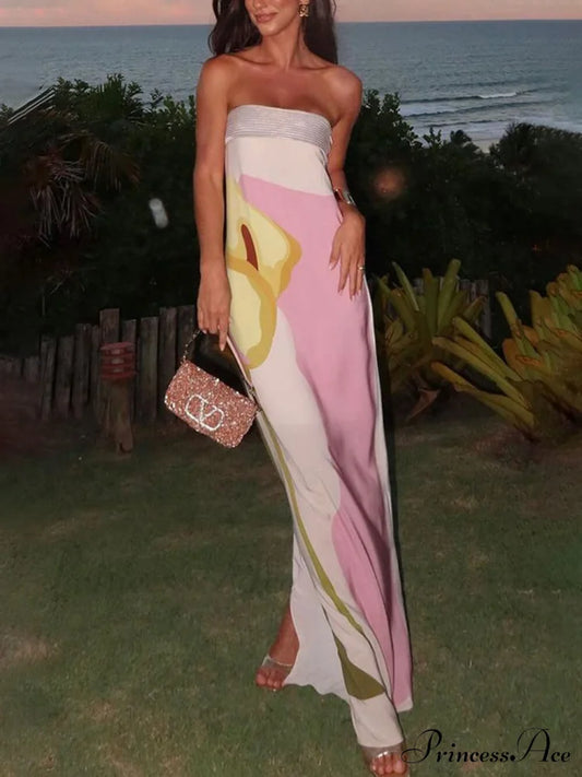 Summer Sexy Chest-Wrapped Charming Printed Floor-Length Maxi Dress Pink / S Dresses