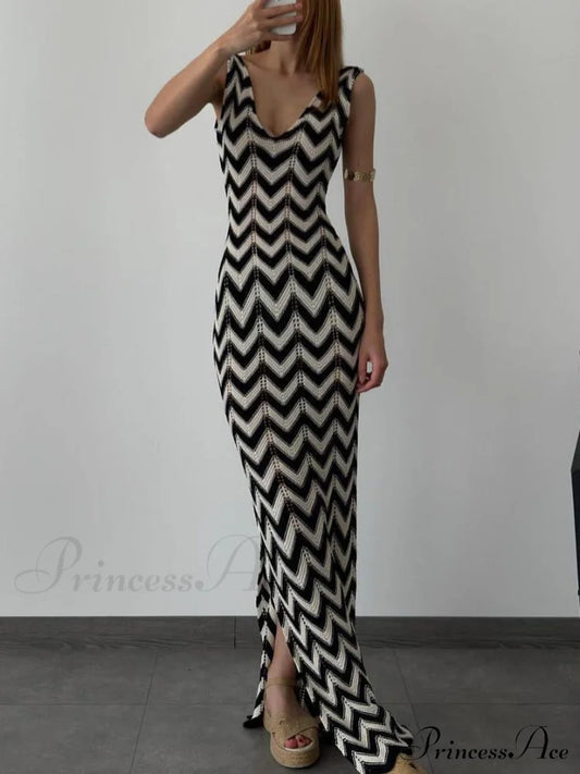 Summer V-Neck Striped Crochet Graceful Slit Sexy Maxi Dress Dresses