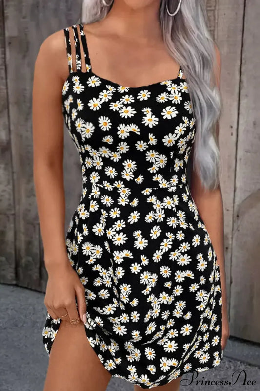 Summer Vintage Floral Daisy Print Sexy Boho Dress Black / S