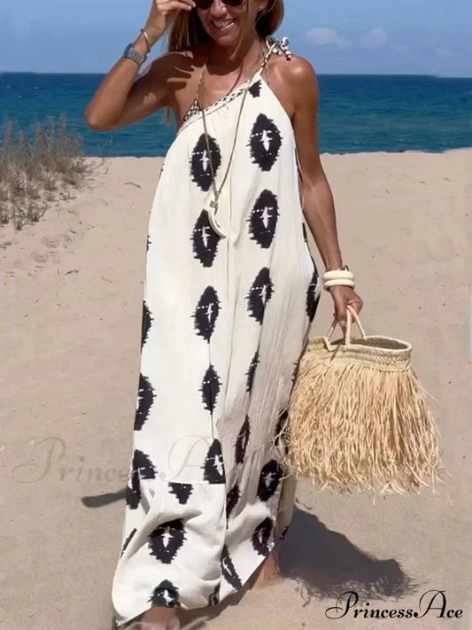 Sunshine Ethnic Print One Graceful Shoulder Loose Maxi Dress White / S Dresses