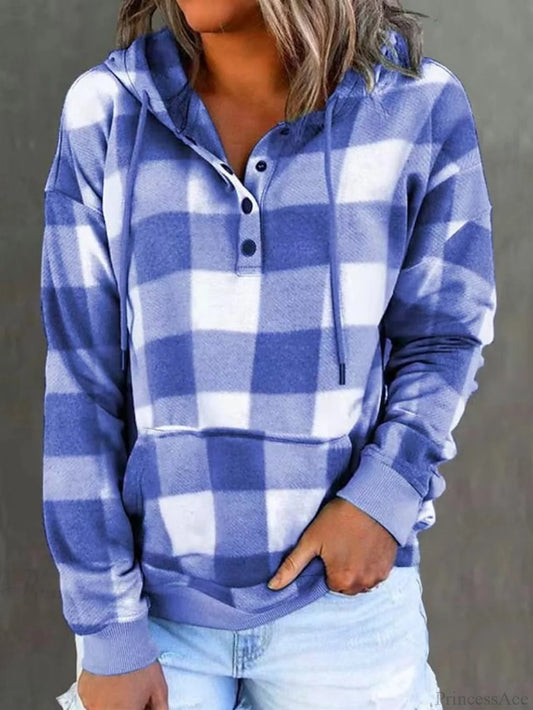 Sweatshirt Hoodie And Women’s Front Button Drawstring Plaid With Pocket Blue / S