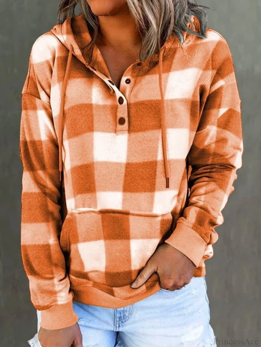 Sweatshirt Hoodie And Women’s Front Button Drawstring Plaid With Pocket Orange / S