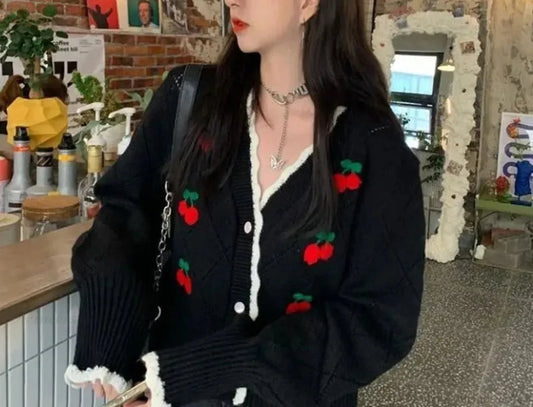 Sweet Cherry Button-Up Patchwork Knit Cardigan Black / One Size cardiagn-250126