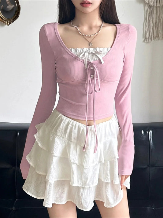 Sweet Patchwork Bandage Slim Square Collar Knit Top Pink / S knittop-250126