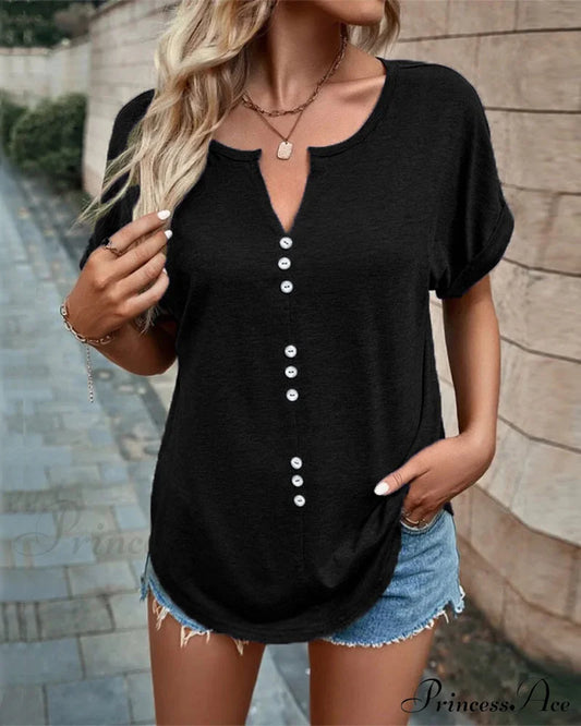 V-neck Hollow Out T-shirt with Short Sleeves Black 23BF clothes Short Sleeve Tops Summer T-shirts Tops/Blouses