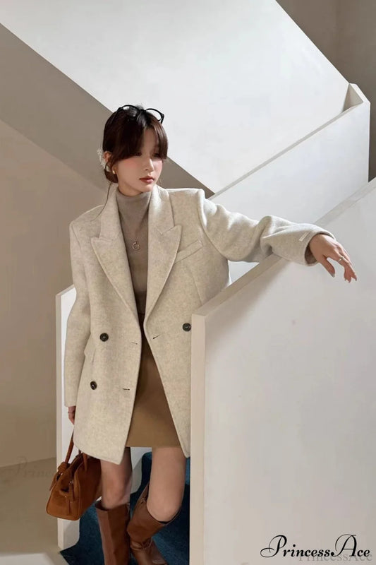 Tailored Collar Double-Face Wool Midi Coat Off-White / S