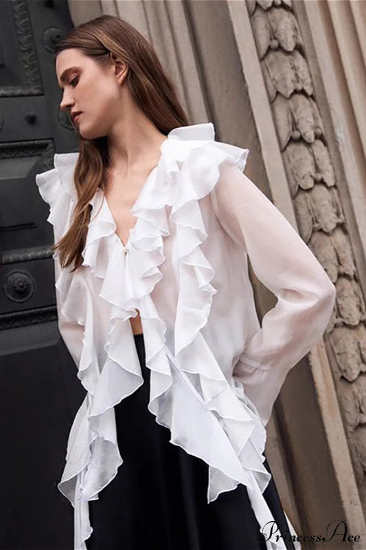 Tencel Ruffled V Neck Flared Sleeve Blouse White / S
