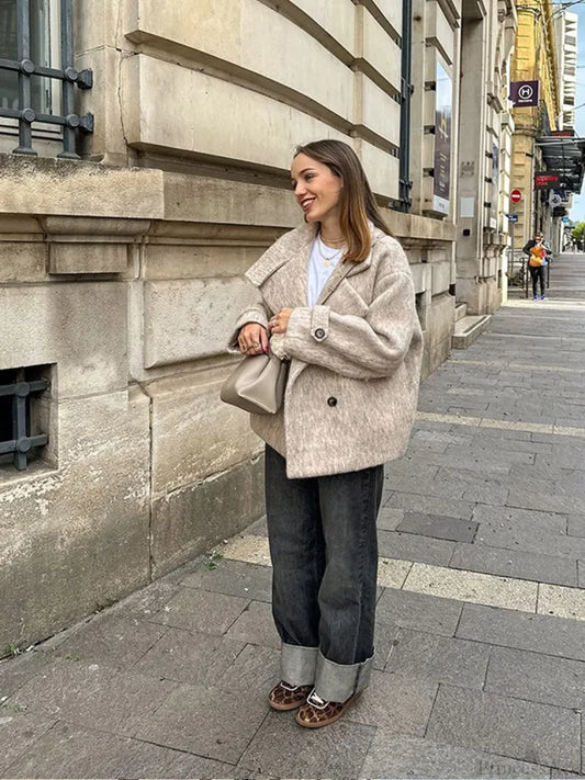 Thick Woolen Cropped Coat Beige / S