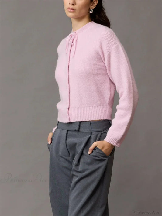 Tie-up Button Solid Knit Cardigan Pink / S