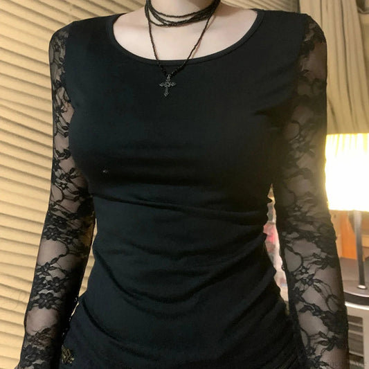 Transparent Lace Backless Knitted Top Black / S