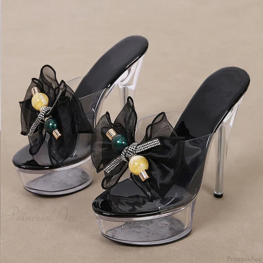 Transparent Mesh Bowknot Super-High Sexy Platform Stripper Party Stylish Chic High Heel Black / 35