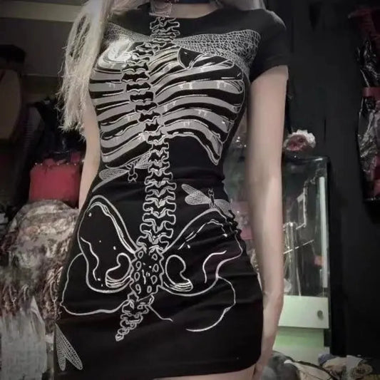 Transparent Skull Pattern Short Dress Black / S