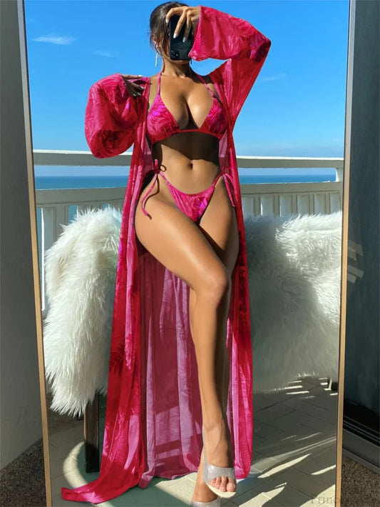 Triangle String Bikini Set with Kimono Three Piece Swimsuit Hot Pink / S