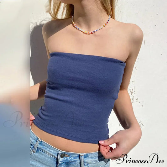 Tubes Women 2024 Skinny Summer Off Shoulder Blue Y2K 90S Sexi Crop Streetwear Tank Top / S